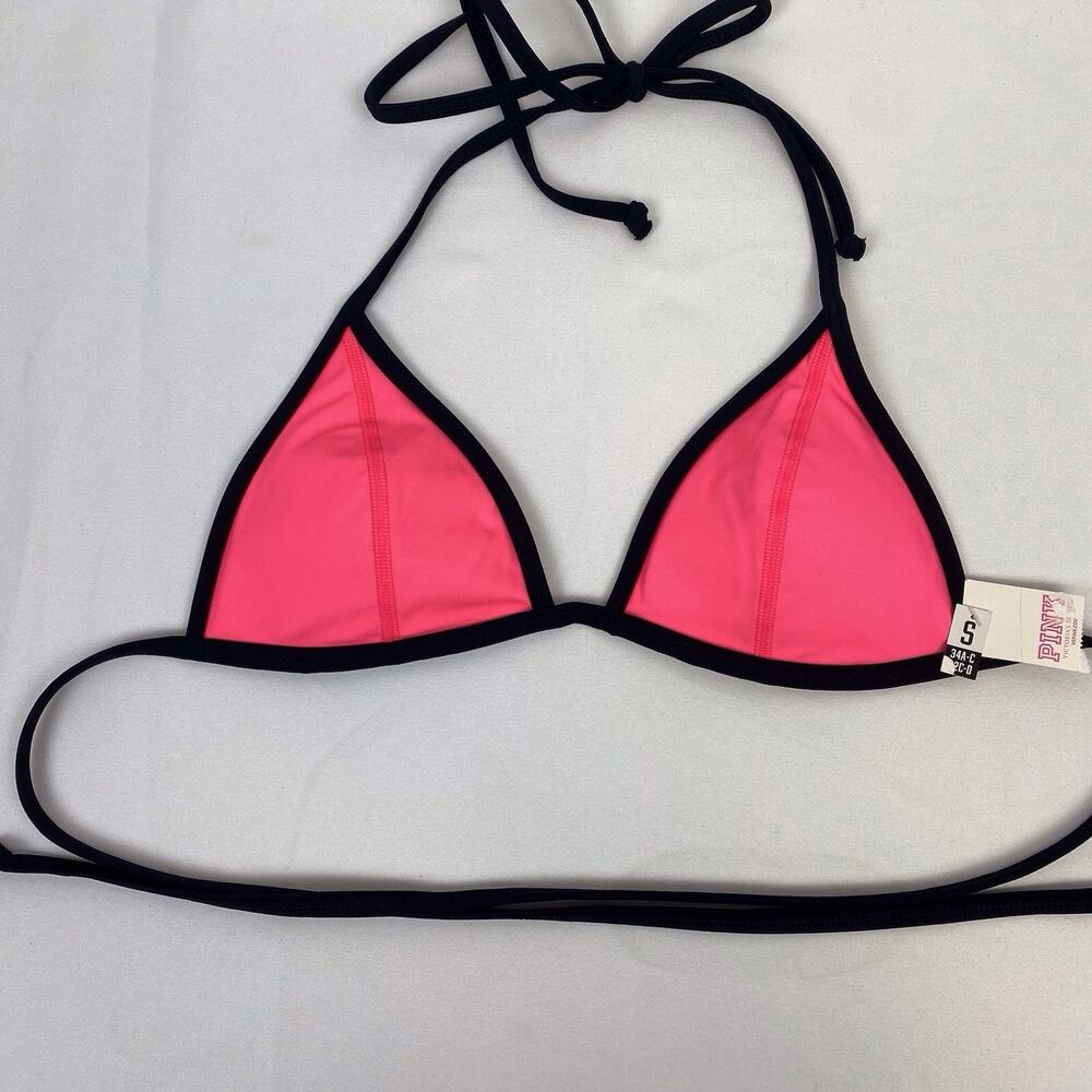 Victoria’s Secret Bikini Top Pink Triangle Black Trim Racerback Swim Top Size S